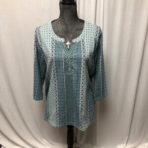 Ambria Top Womens Size 12 Blue White Geometric Print Cotton Blend Shirt Comfy